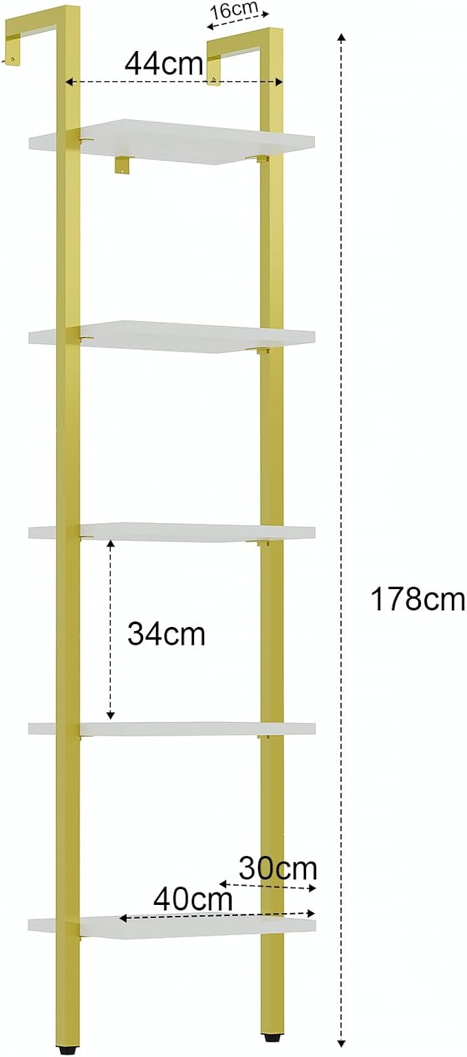 YMYNY 5 Tiers Ladder Bookcase, Industrial Wall Mounted Bookshelf, Open Display Rack with Metal Frame, Wooden Storage Shelves for Bedroom, Home Office, Living Room, White+Gold, 70*17.3*11.8"UHBC015W