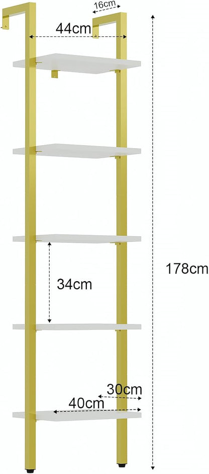 YMYNY 5 Tiers Ladder Bookcase, Industrial Wall Mounted Bookshelf, Open Display Rack with Metal Frame, Wooden Storage Shelves for Bedroom, Home Office, Living Room, White+Gold, 70*17.3*11.8"UHBC015W