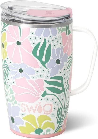 Swig Life 18oz Insulated Travel Mug with Handle & Lid, Garden Party | Triple Insulated Stainless Steel - Handle & Lid Included - Keeps Coffee Hot or Cold - Cup Holder Friendly