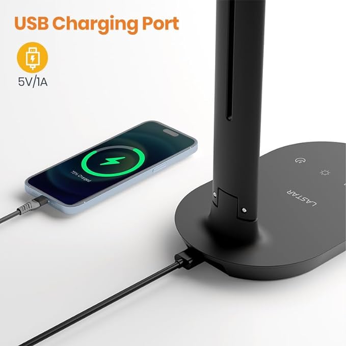 LASTAR Desk Lamp, Dimmable Eye-Protecting Table Lamps with Night Light, USB Charging Port, 4 Color Temperature Modes, 5 Brightness Levels, 1H Timer, Touch Control for Home Office Bedroom