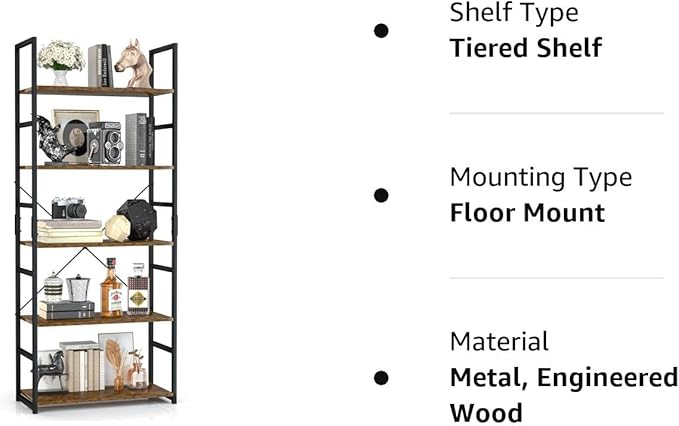 OTK 5 Tier Bookshelf, Tall Bookcase, Office Shelf Storage Organizer, Modern Book Shelf for Living Room, Bedroom, and Home Office, Vintage