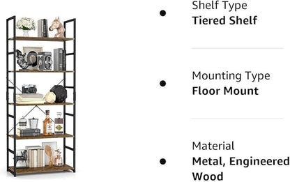 OTK 5 Tier Bookshelf, Tall Bookcase, Office Shelf Storage Organizer, Modern Book Shelf for Living Room, Bedroom, and Home Office, Vintage