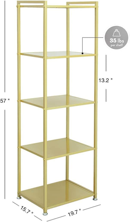 Gold Shelf, Gold Bookcase, 5-Tier Bookshelf Shoe Purse Handbag Rack Shelving Unit Etagere Tall Narrow Metal Corner Shelf Boutique Display Storage Retail Commercial Stand(19.7x15.7x63)