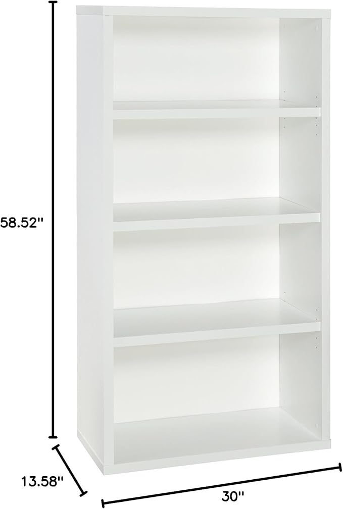ClosetMaid Bookshelf with 4 Shelf Tiers, Adjustable Shelves, Tall Bookcase Sturdy Wood & 4 Cube Storage Shelf Organizer Bookshelf with Back Panel, Easy Assembly, Wood, White Finish