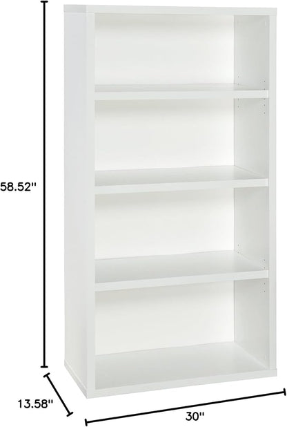 ClosetMaid Bookshelf with 4 Shelf Tiers, Adjustable Shelves, Tall Bookcase Sturdy Wood & 4 Cube Storage Shelf Organizer Bookshelf with Back Panel, Easy Assembly, Wood, White Finish