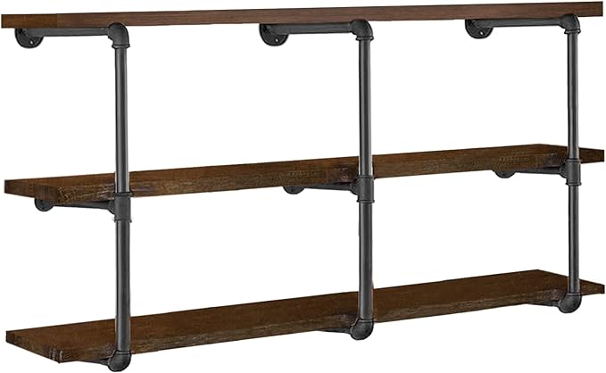 HITOMEN Industrial Iron Pipe Shelves, 3 Set 3-Tier, 28" Tall, 12" Depth, DIY Open Bookshelf Bookcase, Wall Mounted Vintage Retro Shelving, Rustic Farmhouse Pantry Kitchen Storage, Black Shelf Brackets