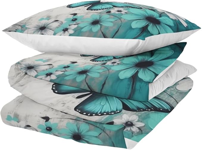Butterfly Flowers Comforter Sets Queen Size, Vintage Floral Butterfly Kids Bedding Sets for girls Teens 3 Piece Bedroom Decor