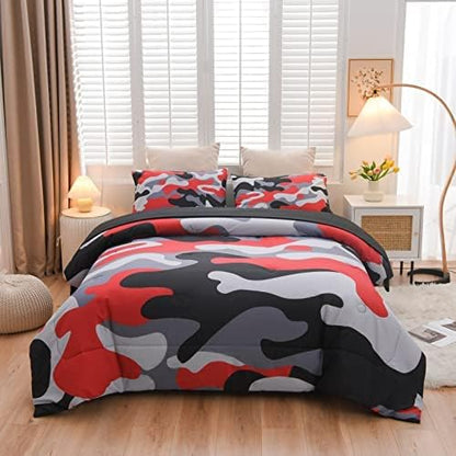 Meeting Story Camouflage Bedding Set, Colorful Pattern Style Comforter Set, 5 PCS One Comforter Two Pillowcases Two Sheets in One Bag, All Season Bedspread for Teens Adults (Red-Black,Queen5pcs