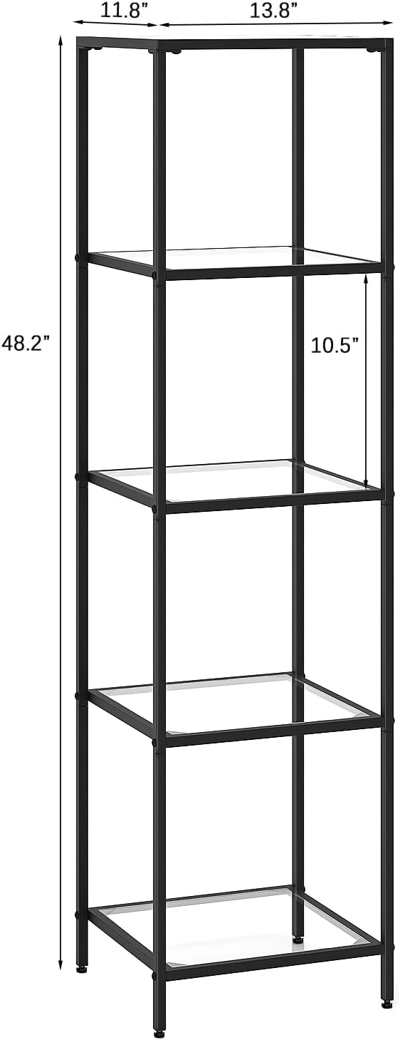 5-Tier Bookshelf,Metal Bookcase,Tempered Glass Shelves,Storage Rack Shelf for Home Office,Living Room,Bedroom, Bathroom,Modern Style, Black