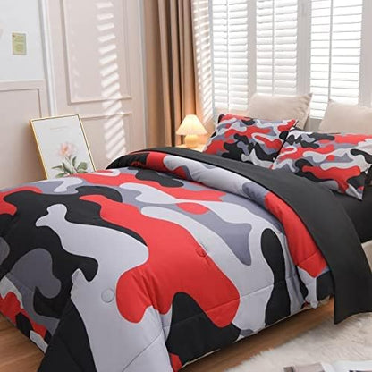 Meeting Story Camouflage Bedding Set, Colorful Pattern Style Comforter Set, 5 PCS One Comforter Two Pillowcases Two Sheets in One Bag, All Season Bedspread for Teens Adults (Red-Black,Queen5pcs