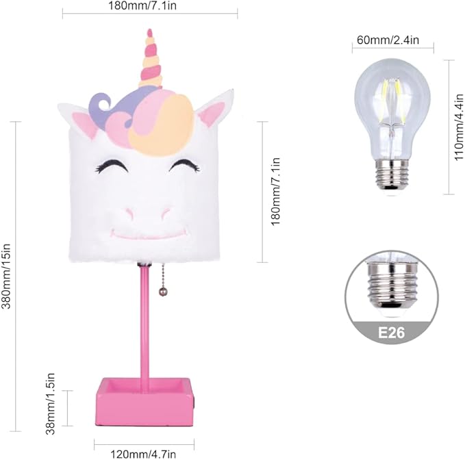 Table Lamp Cute Unicorn Plush Shade Desk Lights for Gifts with 2 USB Charging Ports and 1 Power Outlet for Bedroom Reading & Living Room