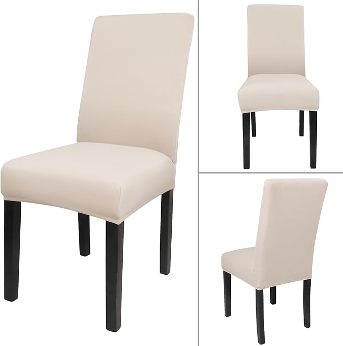 JQinHome 6 Pcs Dining Chair Slipcover,High Stretch Removable Washable Chair Seat Protector Cover for Home Party Hotel Wedding Ceremony (Beige White)