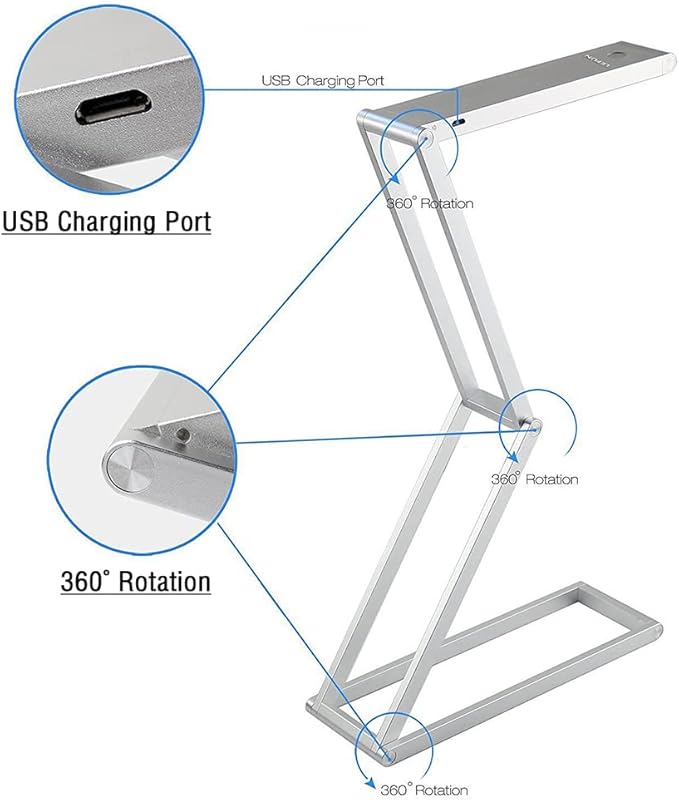Foldable LED Desk Light, Slim Portable Rechargeable USB Table Light, Eye-Caring Aluminium Alloy Table Lamps,for Home, Reading, Studying, Work, Travel (Silver)
