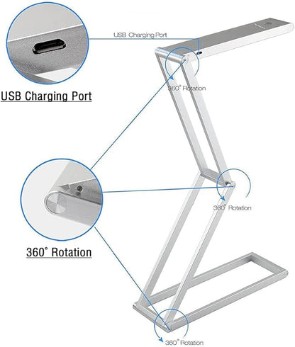 Foldable LED Desk Light, Slim Portable Rechargeable USB Table Light, Eye-Caring Aluminium Alloy Table Lamps,for Home, Reading, Studying, Work, Travel (Silver)