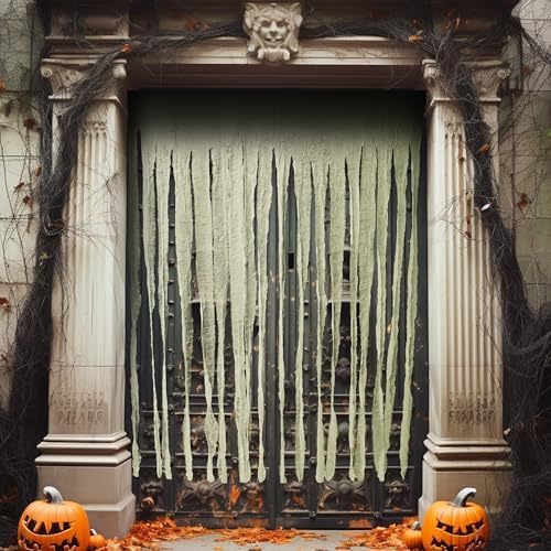 RunNico 2Pcs 85" x 60" Large Halloween Door Curtain Decoration, White Gauze Doorway Curtain, Creepy Cloth Strip Drape for Halloween Horror Theme Party Haunted House Costume Decor