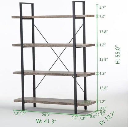 HSH 4-shelf Vintage Industrial Bookshelf, Rustic Gray Wood and Metal 4 Tier Bookcase, Open Wide Etagere Book Shelf for Home Office Livingroom Bedroom Dispaly, Light Grey Oak