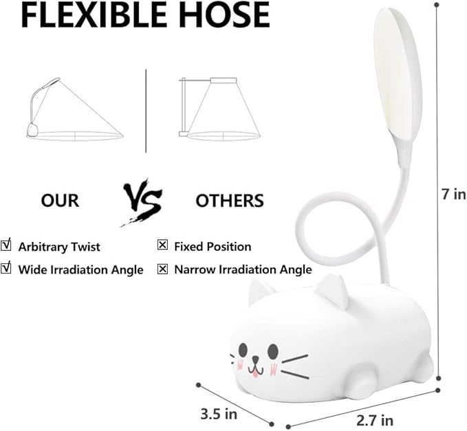 Kids Lamp, LED Desk Lamp for Kids, Cute Cat Lamp Kawaii Desk Accessories, Flexible Gooseneck Eye-Care Cartoons Small Desk Lamp Girls Gifts (White)
