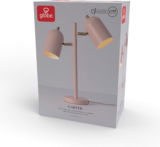 Globe Electric 30290 Carter 18" 2-Light Desk Lamp, Matte Pink, Matte Brass Accents, 2.1A USB Port, On/Off Rotary Switch on Each Shade
