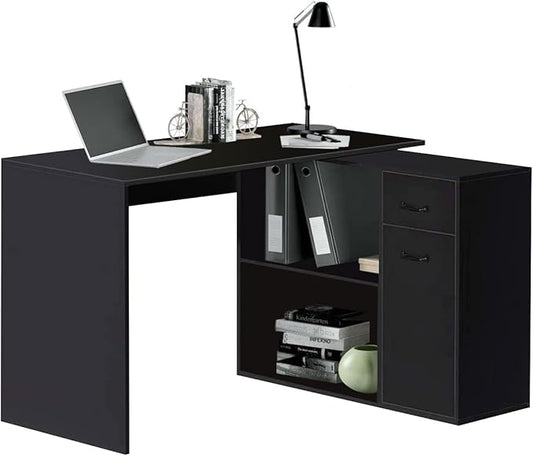 L-Shaped Rotating Computer Desk with Storage Shelves 68 inch Home Office Desk Corner with Drawers and File Cabinet Multipurpose Study Writing Table for Bedroom Small Space Black