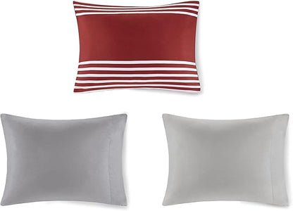 Comfort Spaces Twin Comforter Sets with Sheets - Bed in a Bag 6 Pieces Teen Bedding Sets Twin, Red and Grey Stripes Bedding Twin, College Twin Bed Set with 2 Side Pockets Bedroom Organizer