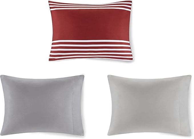 Comfort Spaces Twin XL Comforter Sets with Sheets - Bed in a Bag 6 Pieces Teen Bedding Sets Twin XL, Red and Grey Stripes Bedding Twin XL, College Twin XL Bed Set with 2 Side Pockets Bedroom Organizer