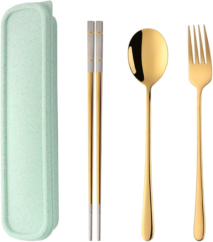 3 PCS Stainless Steel Travel Camping Flatware Set Fork Spoon Chopsticks with Portable Case, Gold