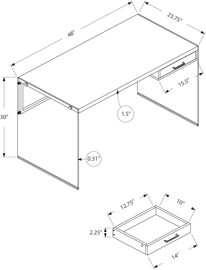 Monarch Specialties Computer Desk - Contemporary Writing Desk with Drawer - Tempered Glass Legs - 48"L (Brown Reclaimed Wood Look)