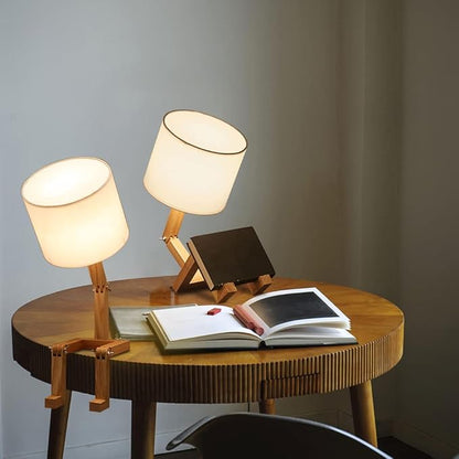 ELINKUME Robot Desk Lamp Set of 2, Creative Bedside Lamp for Bedroom,Wooden Lamp Body Adjustable,DIY E26 Living Room Table Lamps with Fabric Shade,Modern Indoor Decorative Lighting