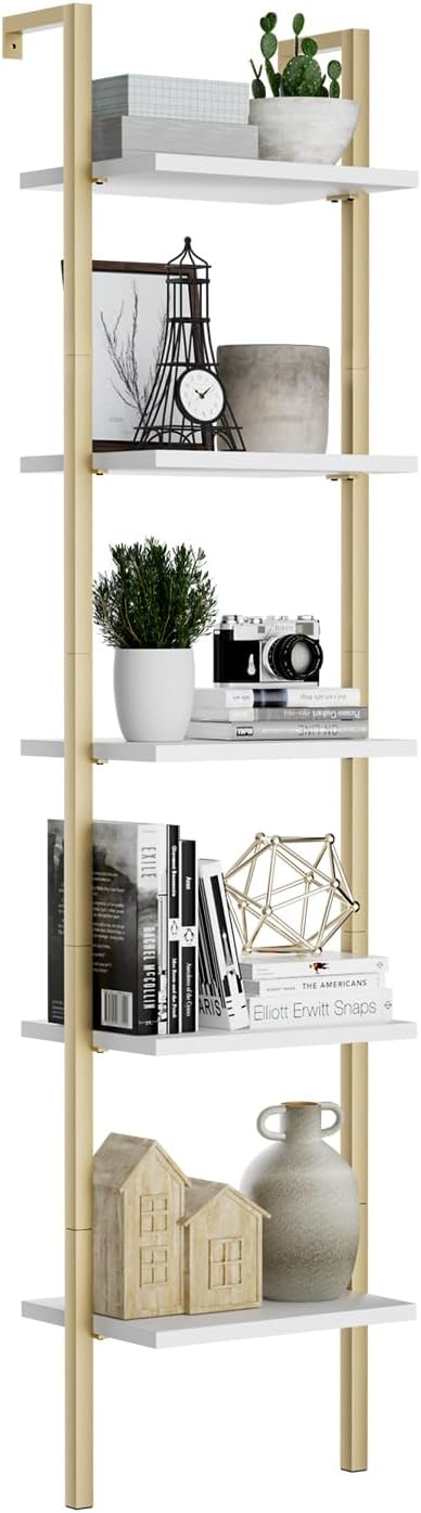 NUMENN Industrial Ladder Shelf, 5 Tier Book Shelf, Open Space Wall Mount Bookshelf with Metal Frame, Sturdy Book Shelves, Bookcase for Living Room, White and Gold