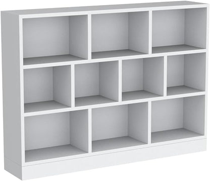 IOTXY Open Shelf Low Bookcase - Wooden 3-Tier Floor Standing Display Cabinet Organizer with Base, 10 Cubes Short Horizontal Bookshelf in Warm White
