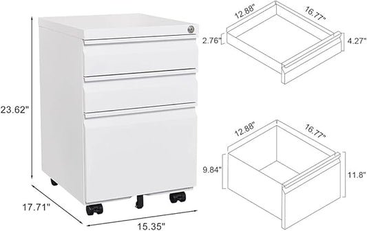 3-Drawer Mobile Lock and 5 Casters,Pre-Assembled Metal Office Storage Filing Cabinets w/ 1 Removable Hanging Rods,for Legal/Letter Size,White