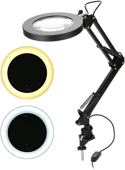 LED Magnifying Lamp with Clamp, 5X Magnifier Glass Light Lens, USB Dimmable Desk lamp for Table Craft or Workbench