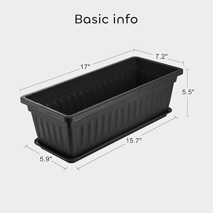 GROWNEER 3 Packs 17 Inches Black Flower Window Box Plastic Vegetable Planters Long Pots with 15 Pcs Plant Labels for Outdoor Indoor Windowsill Patio Garden Home Decor Porch