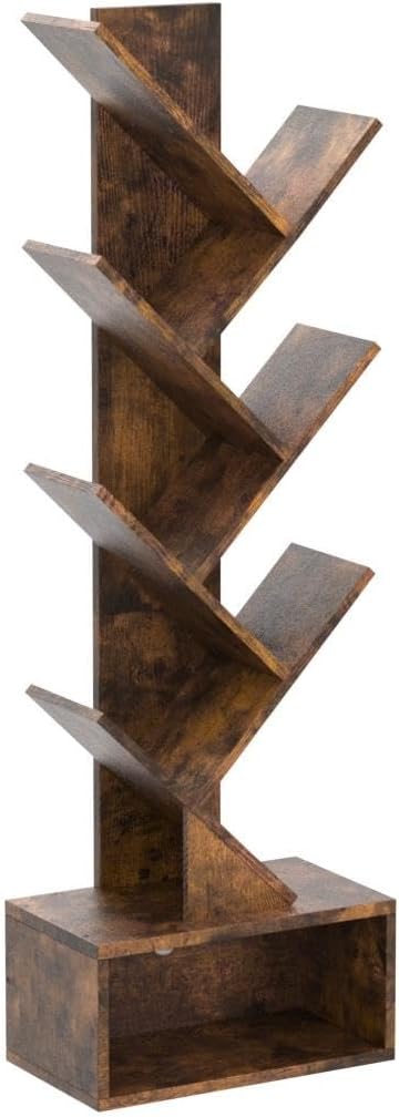 Hoctieon 6 Tier Tree Bookshelf, Tall Bookcase with Drawer, Freestanding Book Shelf, Display Floor Standing Storage Shelf, Book Organizer Shelves for Home Office, Rustic Brown