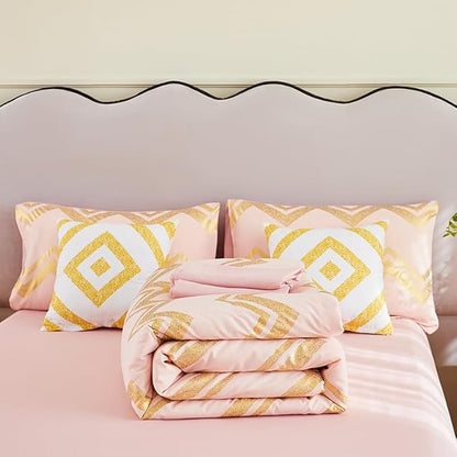 7PCS Rose Gold and Pink Bedding Set,Pink Comforter Set Full Size,Rose Gold Bedding Set Full,Bed in A Bag Full for Teen Girls Women,Bedroom Decoration Full Pink/Rose Gold