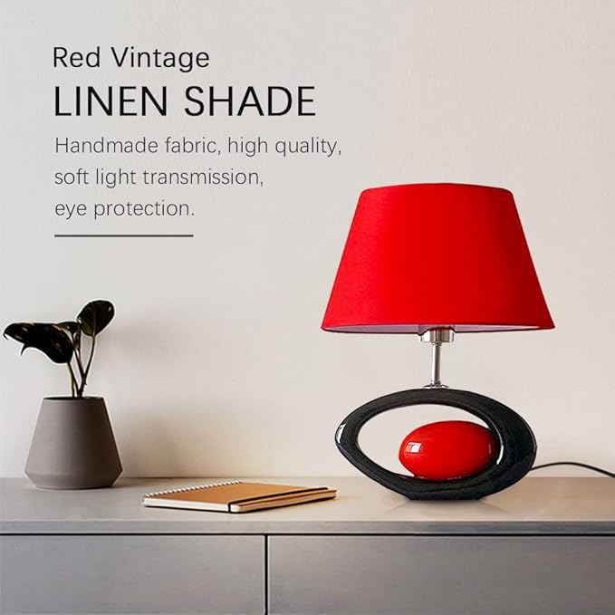 Red Modern Table Lamp, Ceramic Desk Lights with Linen Shade LED Bedroom Bedside Light Living Room Office Desk Night Lantern 14.8inch American Desktop Light for Home, E26 Base 60W 110V