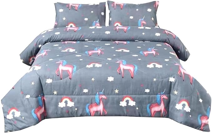 3PCS Gray Unicorn Comforter Set Twin, Bed in a Bag Unicorn Cute Room Decor, Wrinkle and Fade Resistant, Lightweight Twin Size Comforter Set for Boys, Girls Kids and Teens, Twin