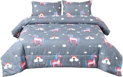 3PCS Gray Unicorn Comforter Set Twin, Bed in a Bag Unicorn Cute Room Decor, Wrinkle and Fade Resistant, Lightweight Twin Size Comforter Set for Boys, Girls Kids and Teens, Twin
