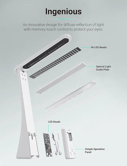 LED Desk Lamp with Night Light Foldable Portable High Brightness Eye Care Lamp. Touch Control, Rechargeable, for Home Reading Light, Office and Dormitory (White 2.0)