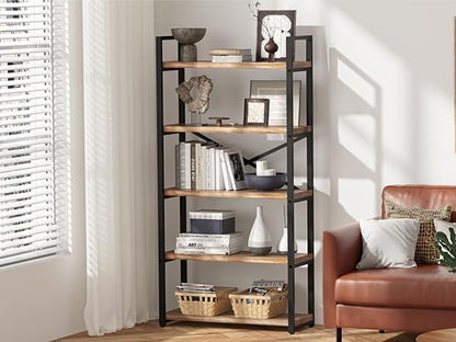 5 Tier Solid Real Wood Bookshelf Rustic Industrial Style, Wooden Storage Shelves Etagere Bookcase Book Shelf Display Shelf for Home Office, Dark Brown