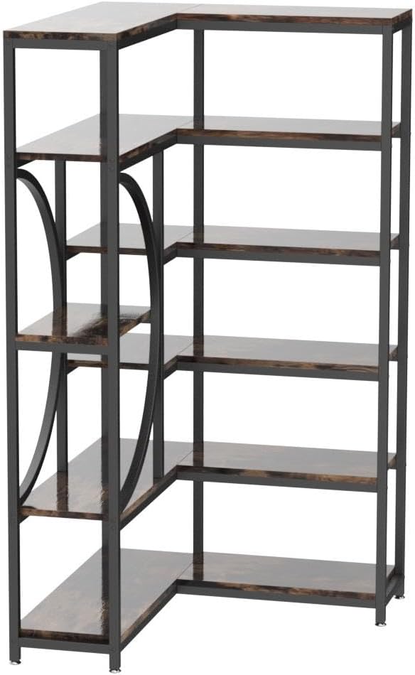 TIYASE 6-Shelf Corner Bookshelf Industrial 6-Tier Corner Etagere Bookcase, Large Corner Shelf L-Shaped Book Shelves Display Storage Rack with Metal Frame for Living Room Home Office, Rustic Brown