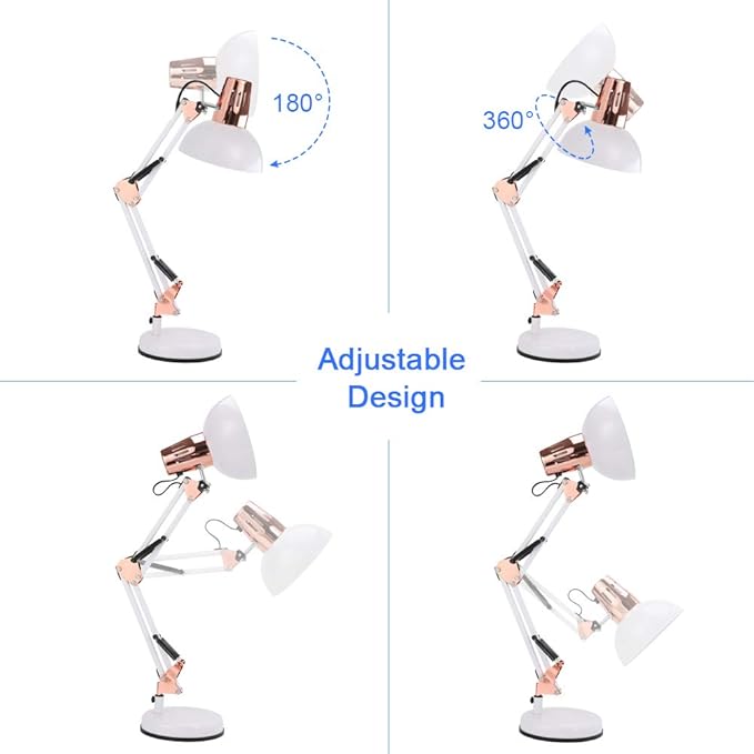 Metal Swing Arm Desk Lamps, Adjustable and Flexible,Feading with Base and Clip 2-in-1 Function, Fit E26&E27 Bulbs Base, Application in Bedroom Living Room, Office Home (White+Rose Gold)