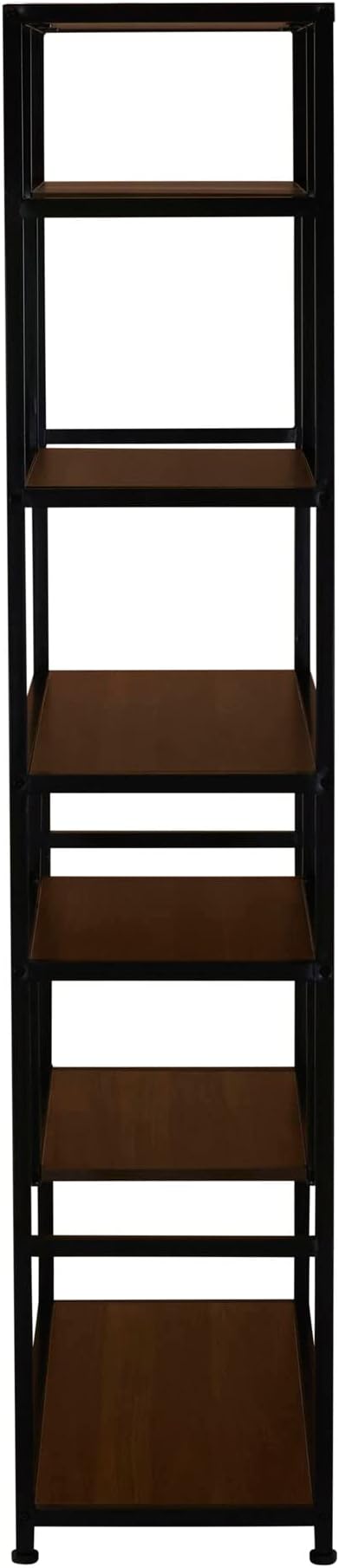 Household Essentials Jamestown Tall 6 Shelf Open Storage Bookshelf Mid Century Walnut Wood Grain and Black Metal