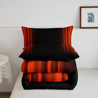 Geometric Abstract Ombre Comforter Set Kids Teens Orange Red and Black Striped Bedding Bed Set Decor Modern Fashion Comforter Inner Fill Bedroom Collection 3Pcs Full Size