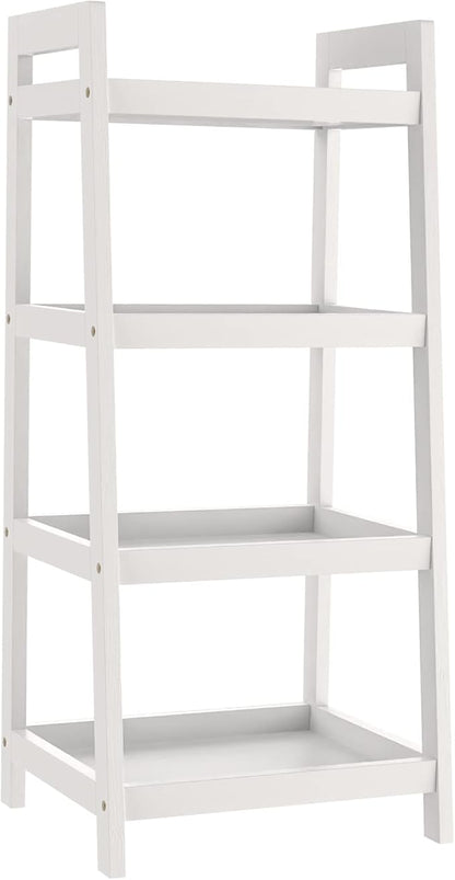 4 Tier Bamboo Bookshelf, Free Standing Ladder Shelf, Storage Shelf Rack for Bathroom, Kitchen, Living Room - White