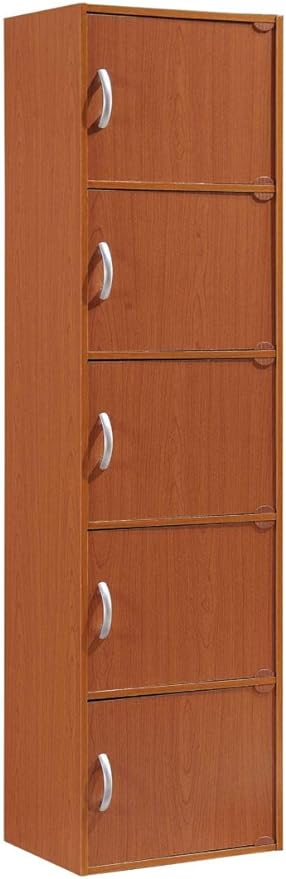 HODEDAH 5 Door Bookcase Cabinet, Cherry
