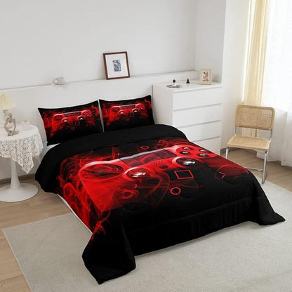 Kids Gaming Comforter Set Full Size Gamer Bedding Set for Boys Teens Gamer Bedroom Decor Youth Video Game Comforter Red Black Geometry with 2 Pillow Case