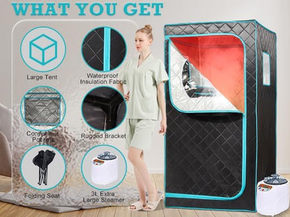 Portable Steam Sauna– Red Light Therapy Home Sauna Tent with 3L & 1500W Steamer, Remote Control Time & Temperature Settings, Foldable Chair Included for Relaxation