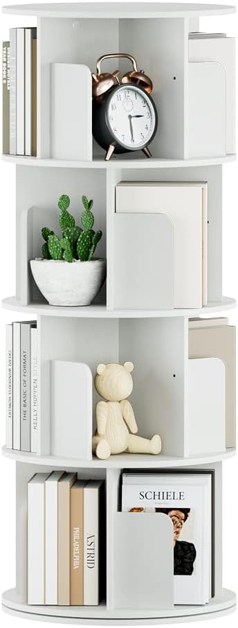OTK Rotating Bookshelf, 360° Display Standing Book Shelf Organizer, 4 Tier Wooden Corner Bookshelves for Small Space, Small Bookcase Storage Rack for Kids' Room, StudyRoom, Bedroom, White