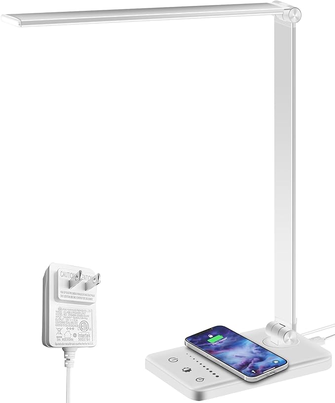 LED Desk Lamp with Wireless charging，Dimmable Desk Light, 5 Light Colors, 6 Brightness Levels, Touch Control Table Lamp with USB Rechargeable,Auto Timer, for College Dorm, Home, Office